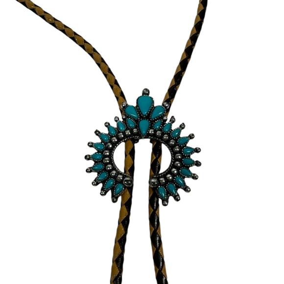 Boho Western Faux Turquoise Bolo Tie Necklace Squash Blossom Brown Tan Rodeo - Picture 3 of 5